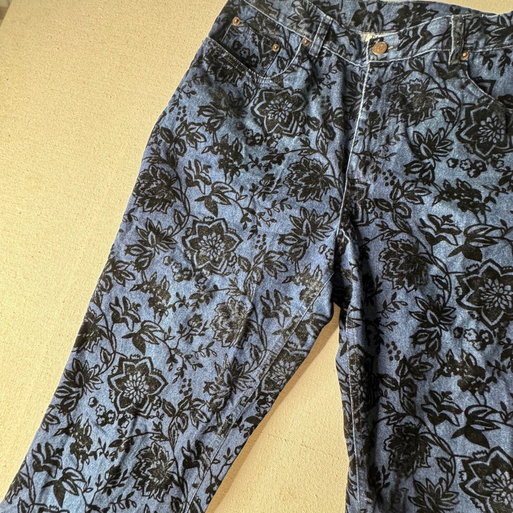 Vintage Bill Blass Jeans Women 12 Blue Black Velvet Flocked Floral High Rise